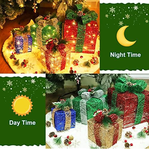 [סופר גדול 12 -10 -8 -7] 4 חבילות קופסאות מתנה מוארות לחג המולד תפאורה 70 מתאם LED מופעל הדלקת נצנצים קופסאות נוכחיות עם קשתות לחג המולד